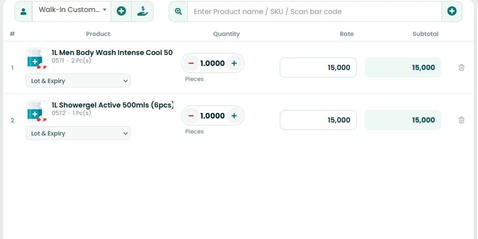 Choose the lot and expiry for each item, then set quantity and price