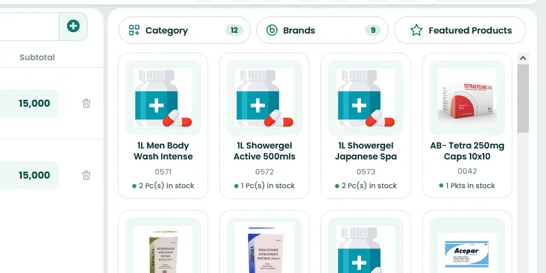 Browse by category, brand or featured products, with stock shown on each